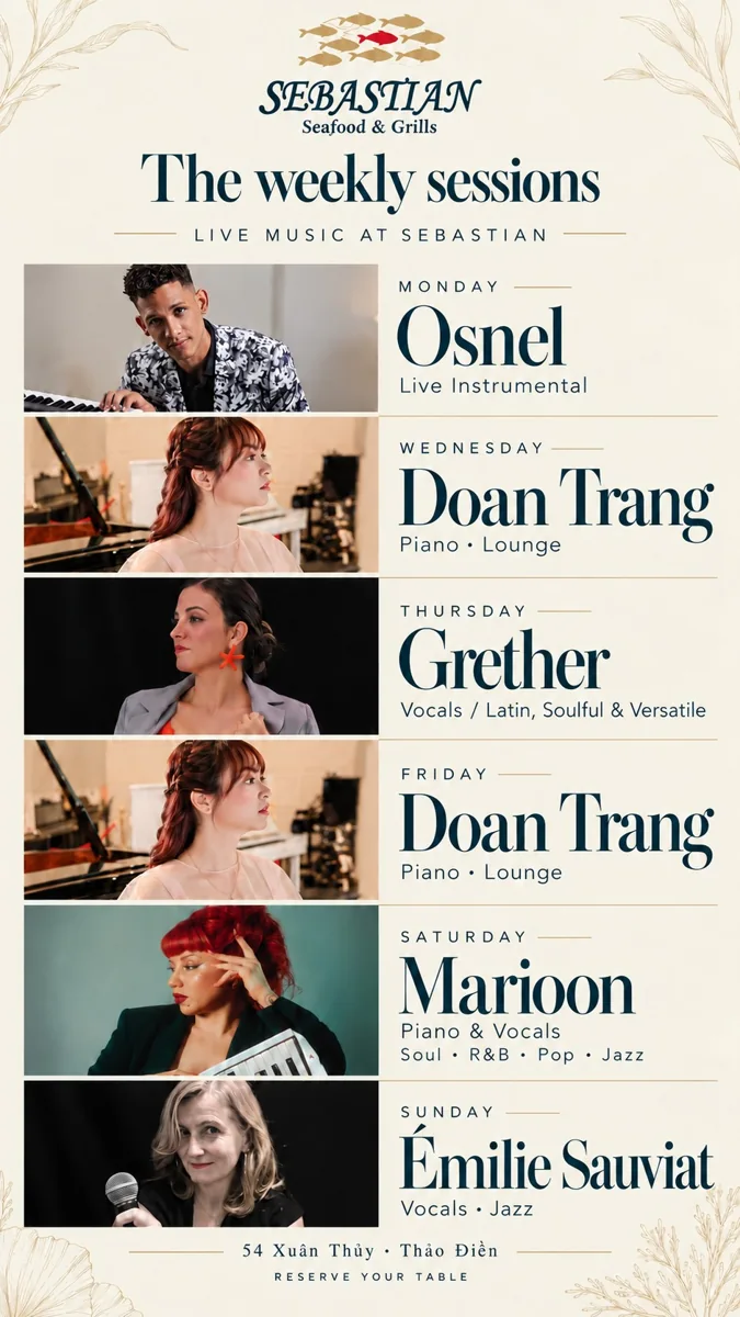 The Weekly Sessions at Sebastian: Monday Osnel; Wednesday and Friday Doan Trang; Thursday Grether; Saturday Marioon; Sunday Émilie Sauviat.
