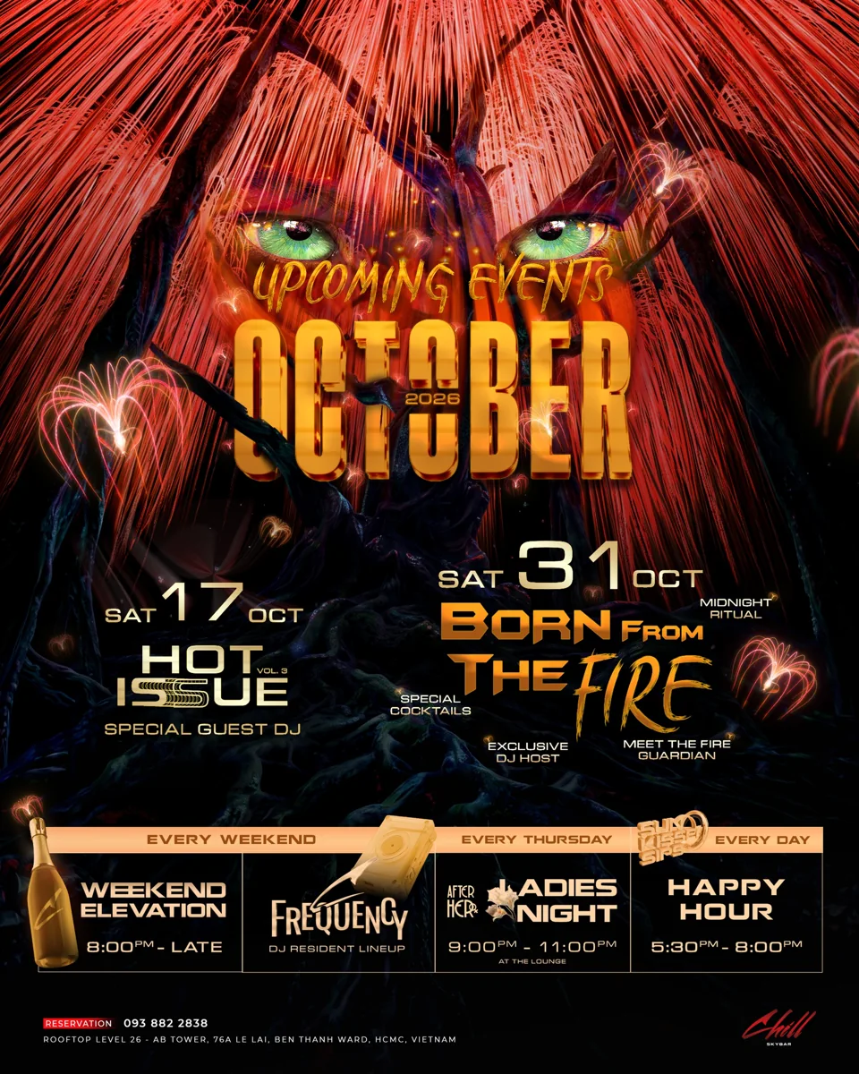 Chill Skybar October programme poster listing daily, weekly and dated events, including Thursday After Her 21:00–23:00.