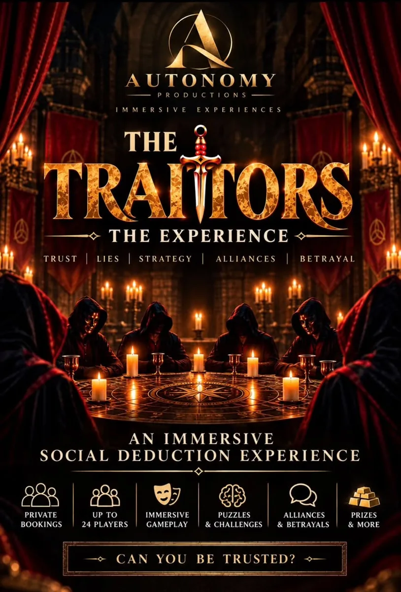 The Traitors experience poster with hooded players around a candlelit table.