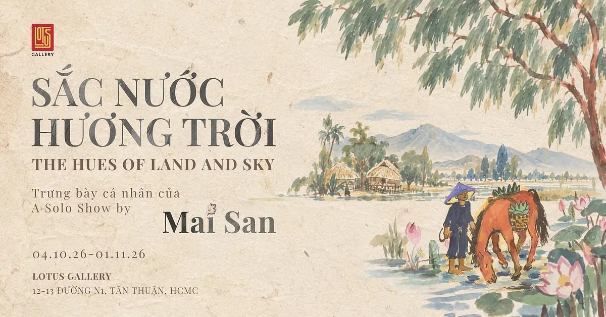 The Hues of Land and Sky exhibition artwork featuring a Mai San landscape and the show title