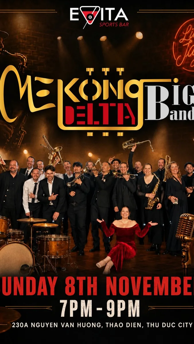 Mekong Delta Big Band Jazz Night poster: Evita Sports Bar, Sunday 8th November 7PM–9PM, 230A Nguyen Van Huong Thao Dien Thu Duc City, large ensemble photo