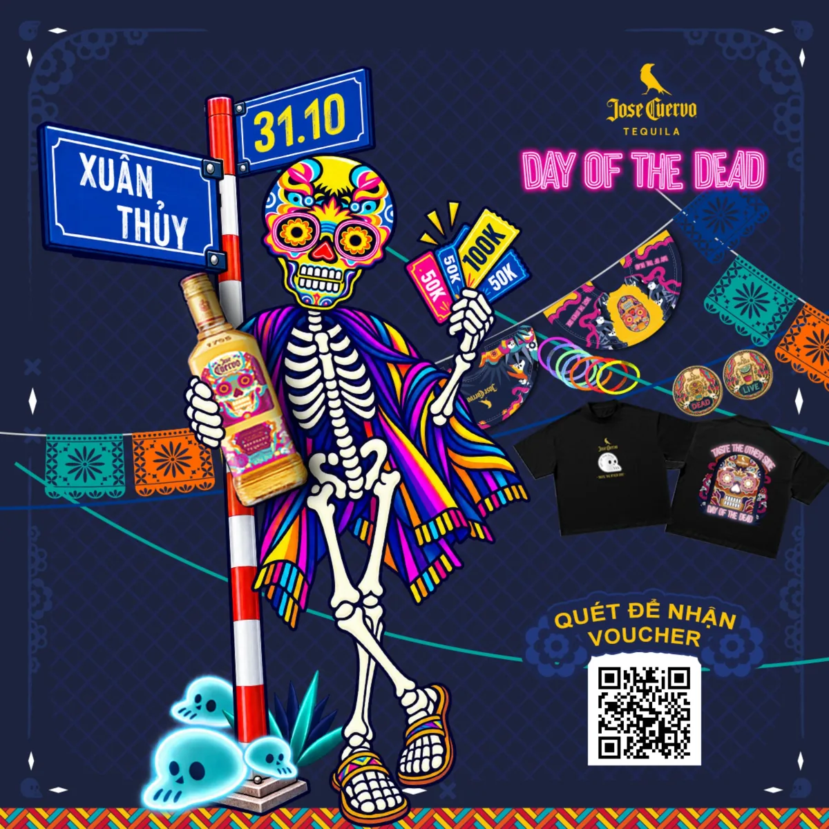 Jose Cuervo Day of the Dead street poster naming Xuân Thuỷ and 31 October, with voucher and prize imagery.