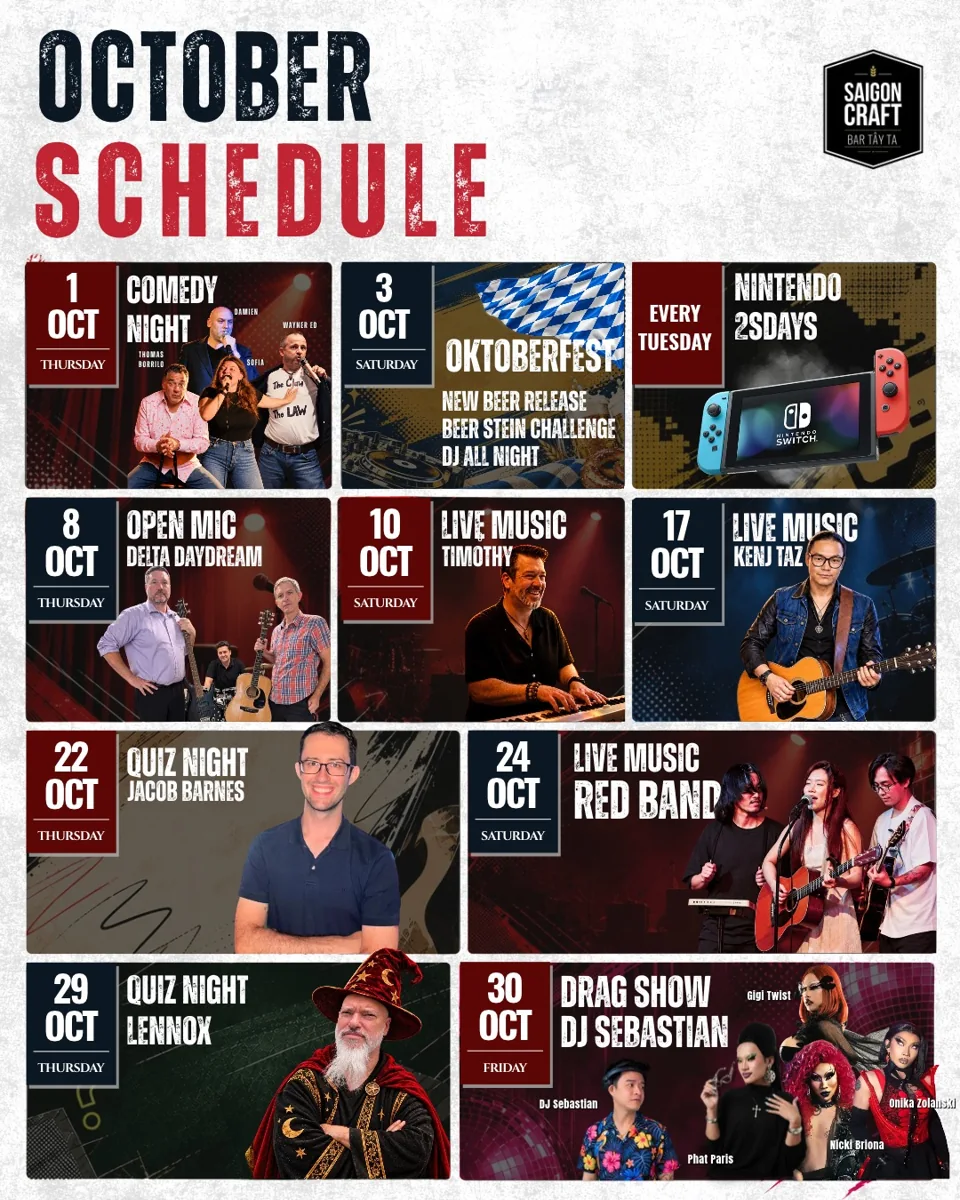 Saigon Craft October calendar with dated comedy, Oktoberfest, live music, quiz and drag programmes, plus Tuesday Nintendo game nights.