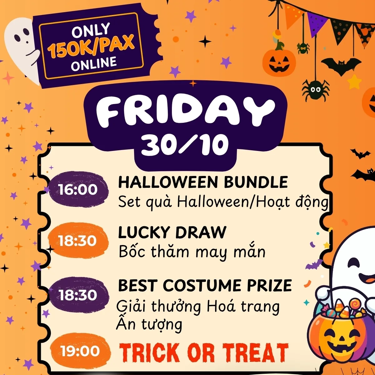 BLOQ Halloween bundle programme for Friday 30 October; the two-day bundle includes activities and trick or treat, with a Saturday magic show.