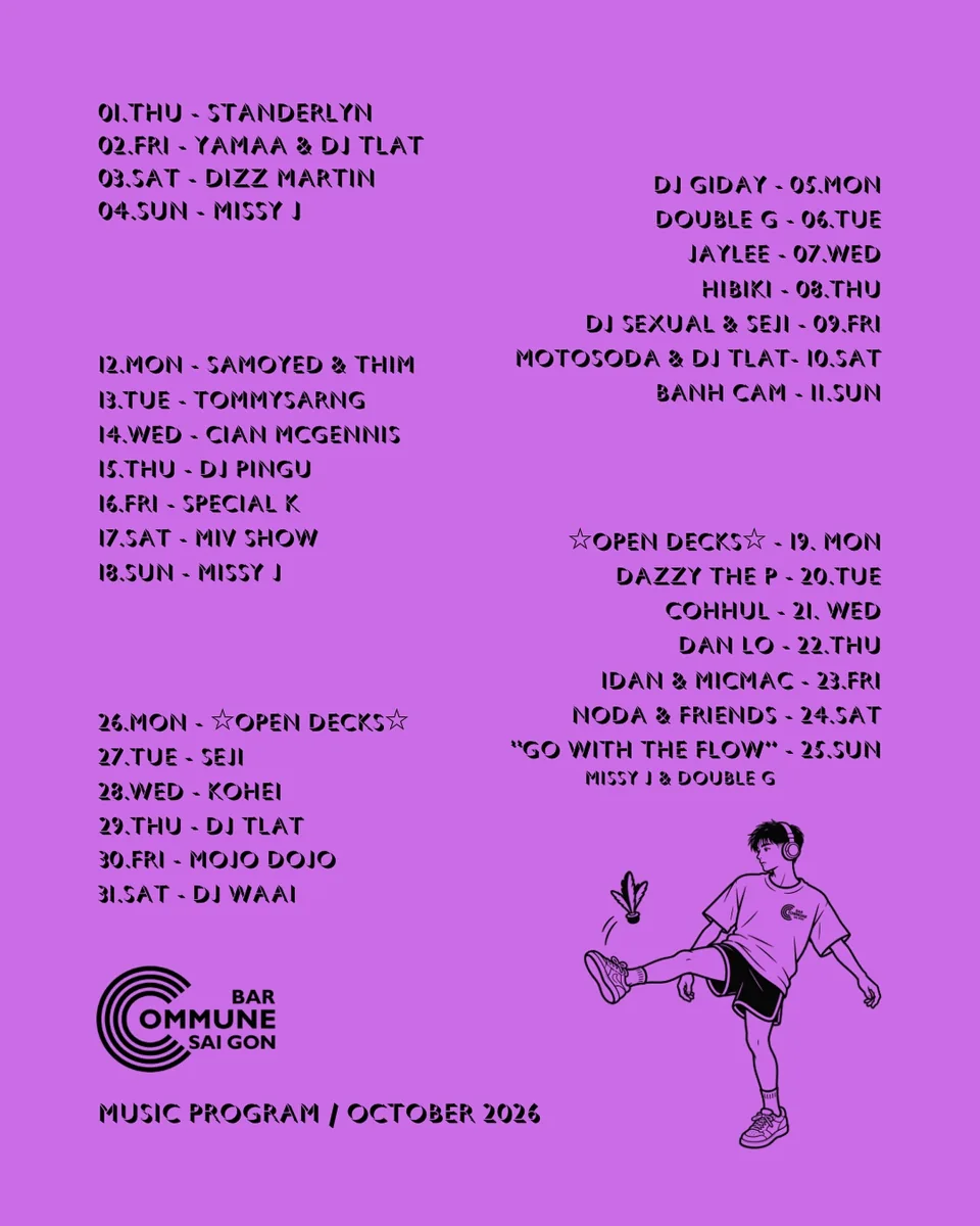 Bar Commune music programme for October 2026 listing the full month’s dated performers and open-decks nights.