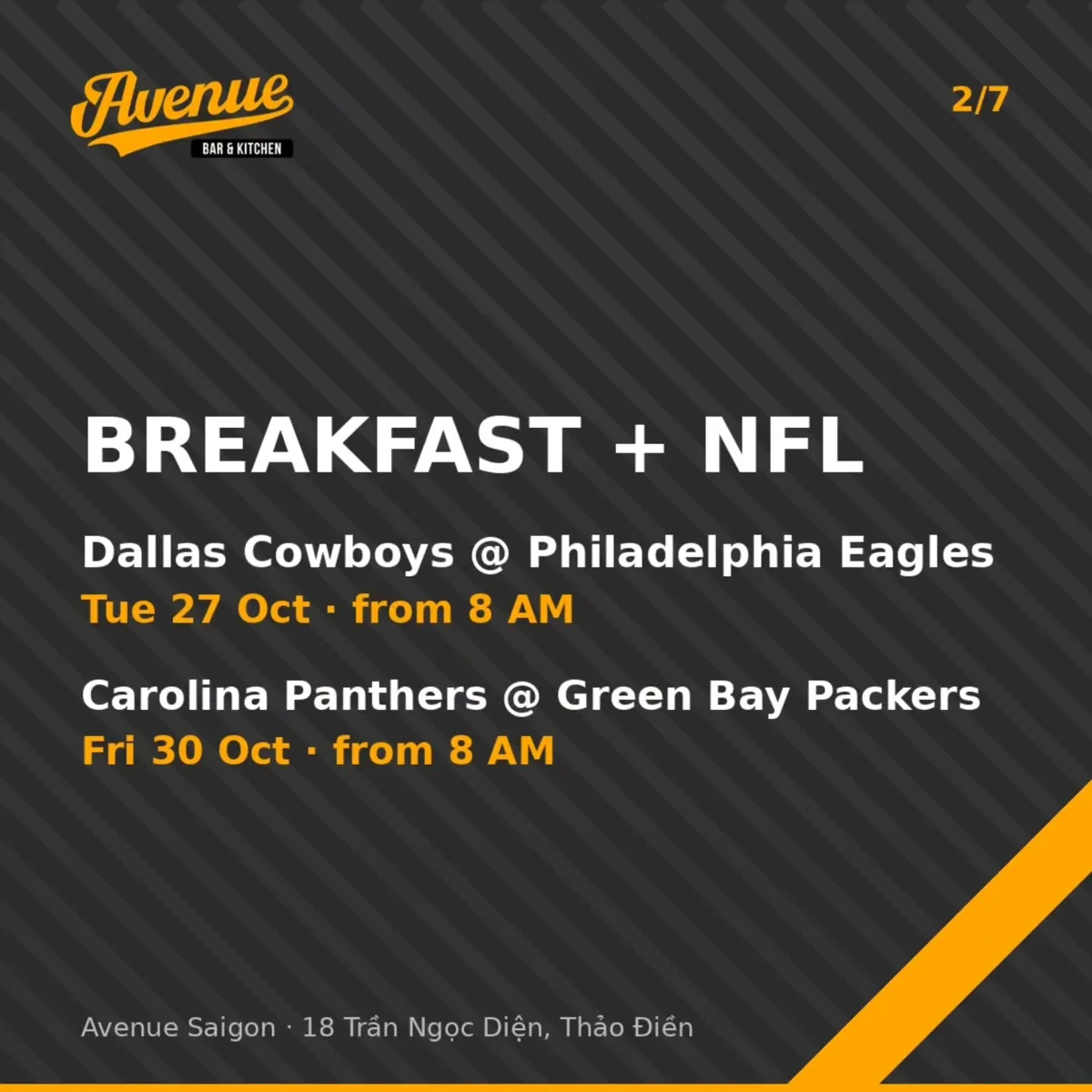 Breakfast + NFL: Dallas Cowboys @ Philadelphia Eagles Tue 27 Oct 8 AM; Carolina Panthers @ Green Bay Packers Fri 30 Oct 8 AM — Avenue Bar & Kitchen, 18 Tran Ngoc Dien, Thao Dien