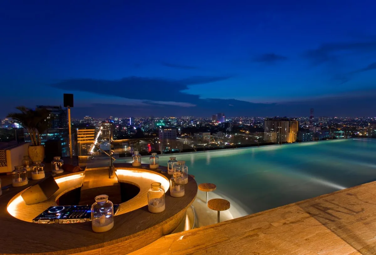 Social Club rooftop pool bar overlooking Saigon