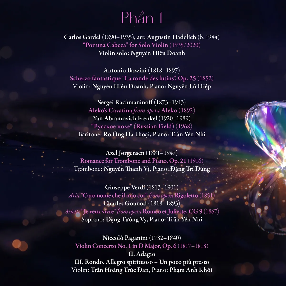 A Night of Classical Brilliance poster listing the chamber music programme and performers.