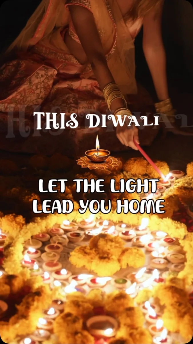 Diwali lamps and marigolds with text 'This Diwali, let the light lead you home' (reel cover)