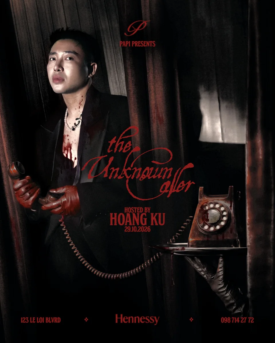 The Unknown Caller Halloween party poster featuring host Hoang Ku and 29 October 2026 at Papi.