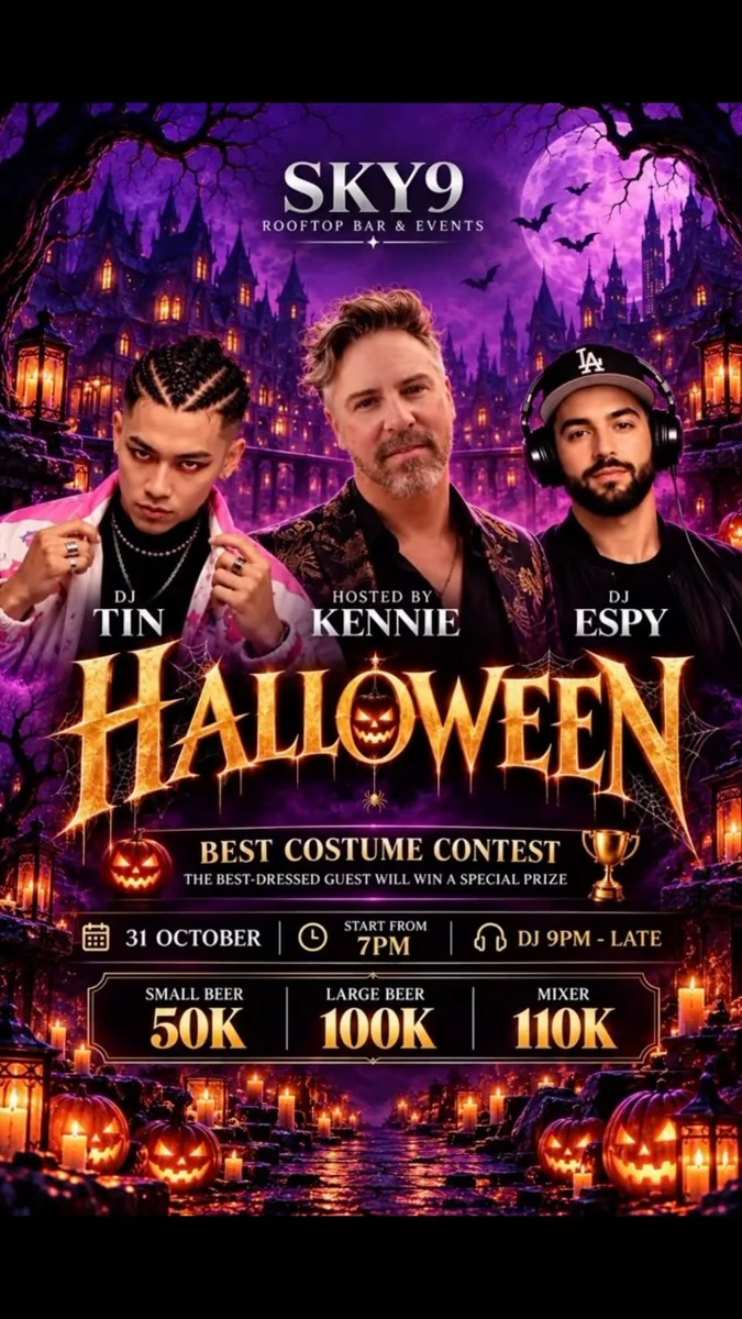 SKY9 Halloween poster showing DJ Tin, host Kennie and DJ Espy; 31 October, party from 7pm and DJs from 9pm.