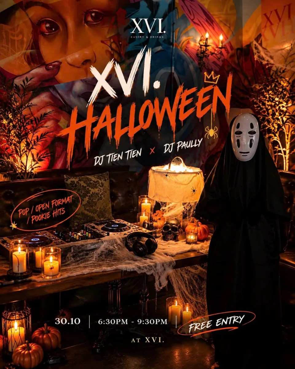 XVI Halloween poster with DJ Tien Tien and DJ Paully, October 30, 6:30–9:30 PM, free entry.