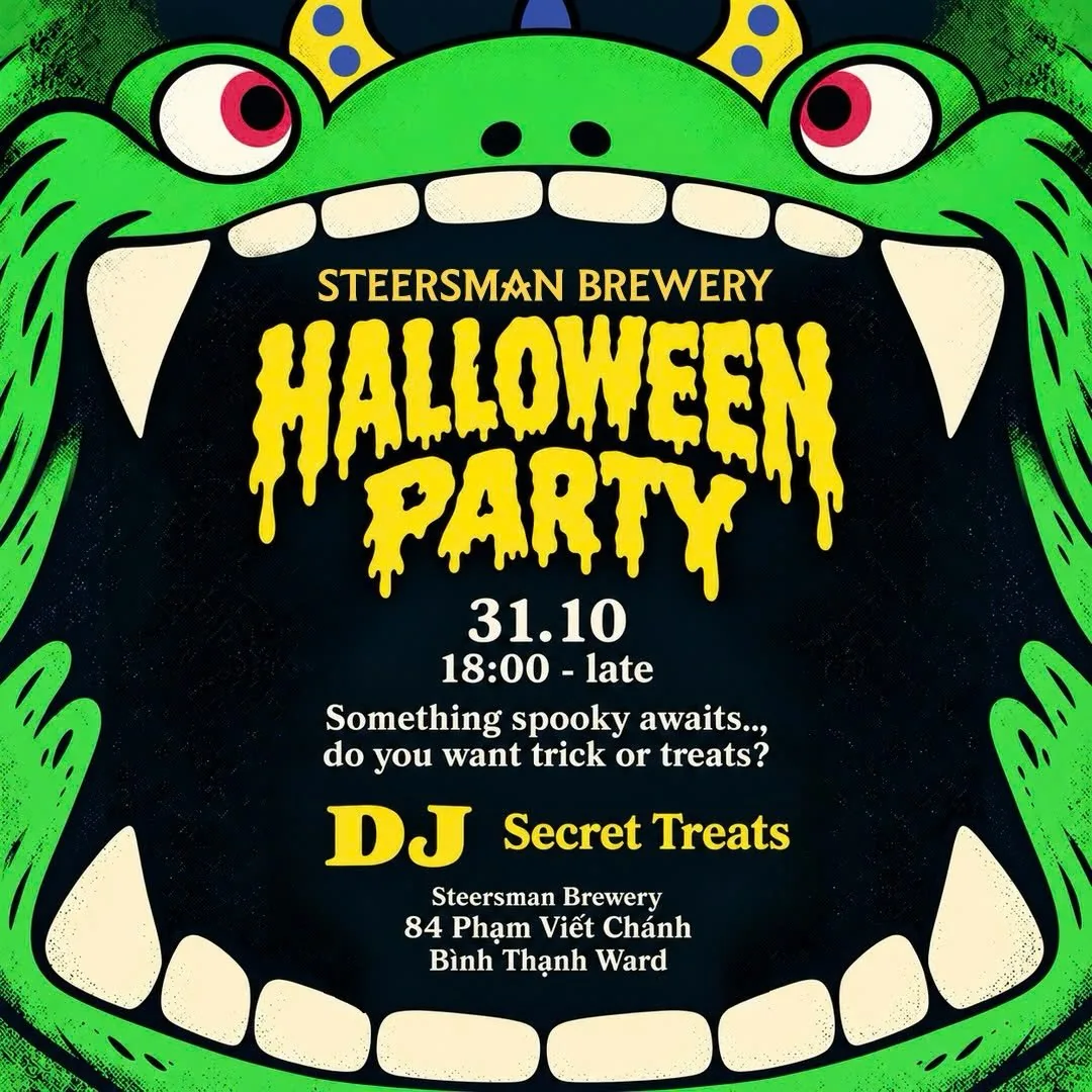 Green monster poster for Steersman Halloween Party on 31 October from 6 PM