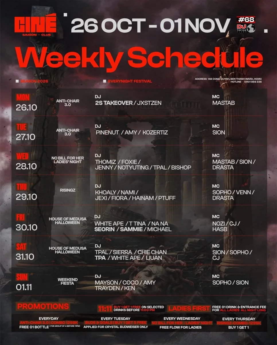 Ciné Saigon weekly schedule for 26 October–1 November, including 2026-11-01 Weekend Fiesta at Ciné Saigon.