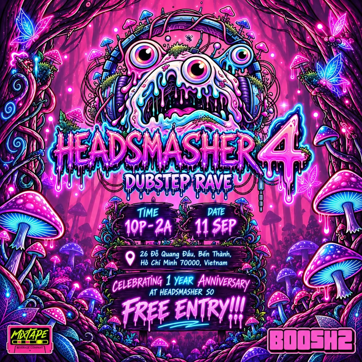Official Headsmasher: first-anniversary dubstep rave artwork