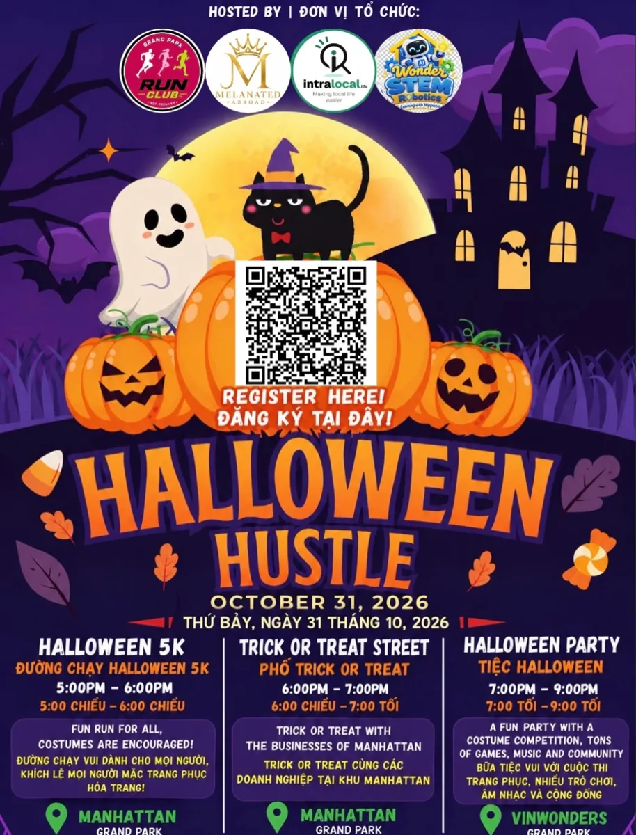 Halloween Hustle poster listing 5K run, trick-or-treat street, and costume party on October 31, 2026.