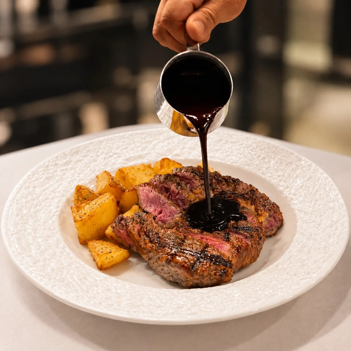 Yassou steak and potatoes photograph accompanying the weekly steak-and-wine offer.