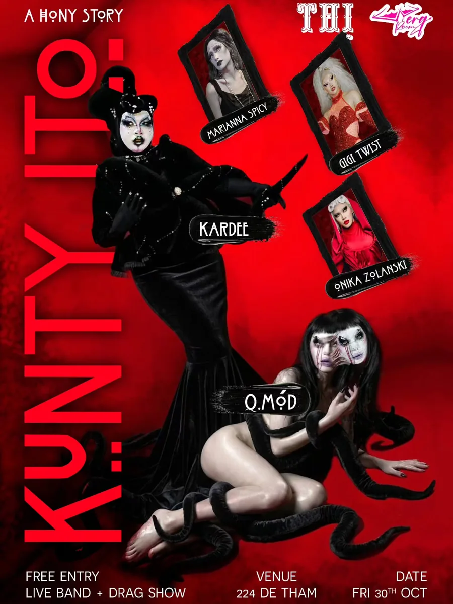 Kunity poster announcing a free live band and drag show on 30 October at 224 De Tham.