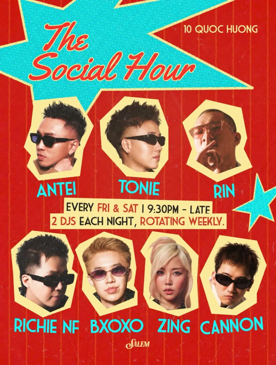 The Social Hour poster showing rotating DJs and the every Friday and Saturday 9:30 pm schedule.