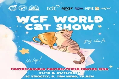 Blue WCF World Cat Show 2026 poster states 31 October and 1 November at SC VivoCity.