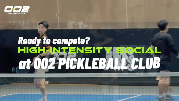 002 Pickleball Club players on court; organizer artwork promotes the wider high-intensity Social Play programme, including afternoon sessions and Monday Night Challenge.