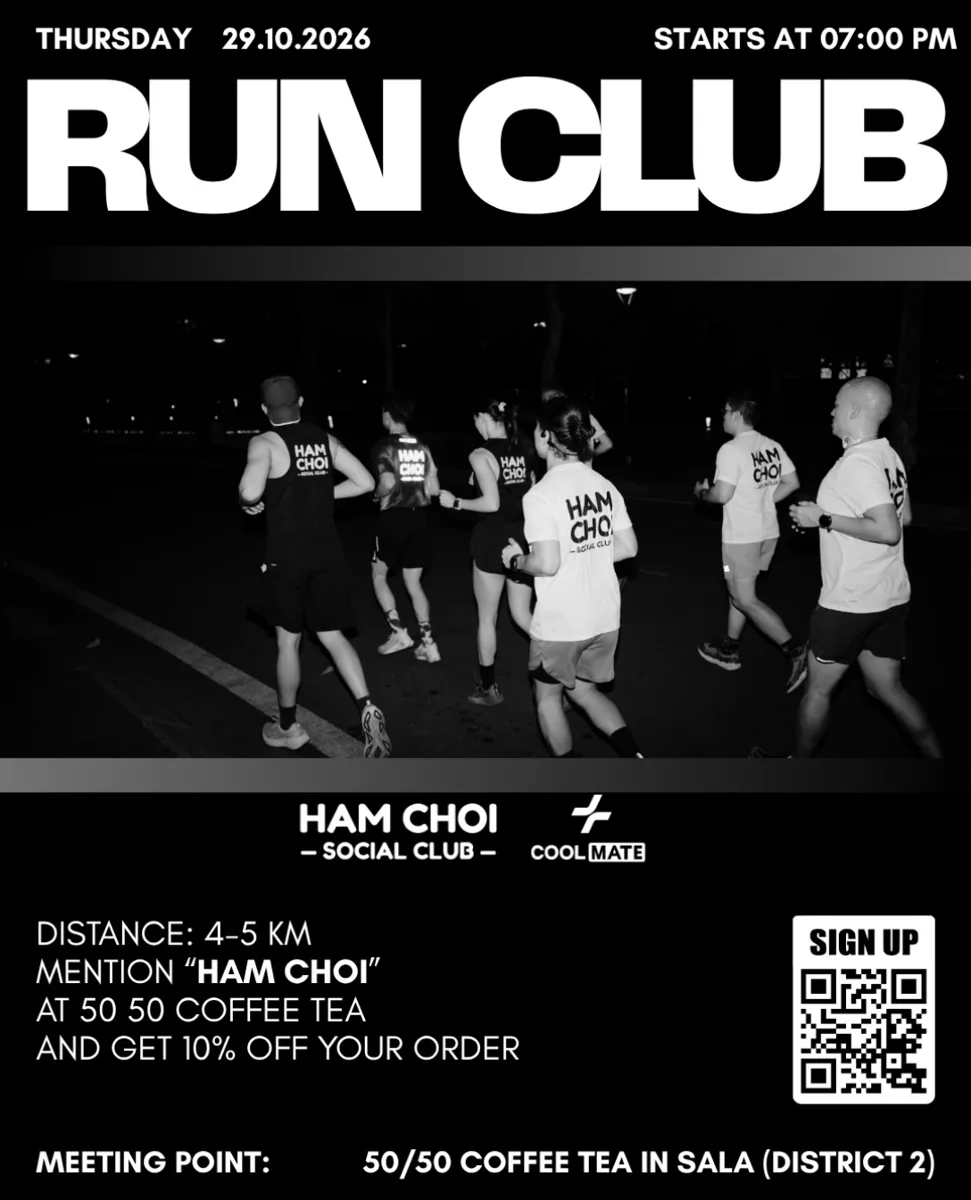 Ham Choi Social Club run announcement showing the run date, start time, 4–5 km distance and 50/50 Coffee Tea Sala meeting point.