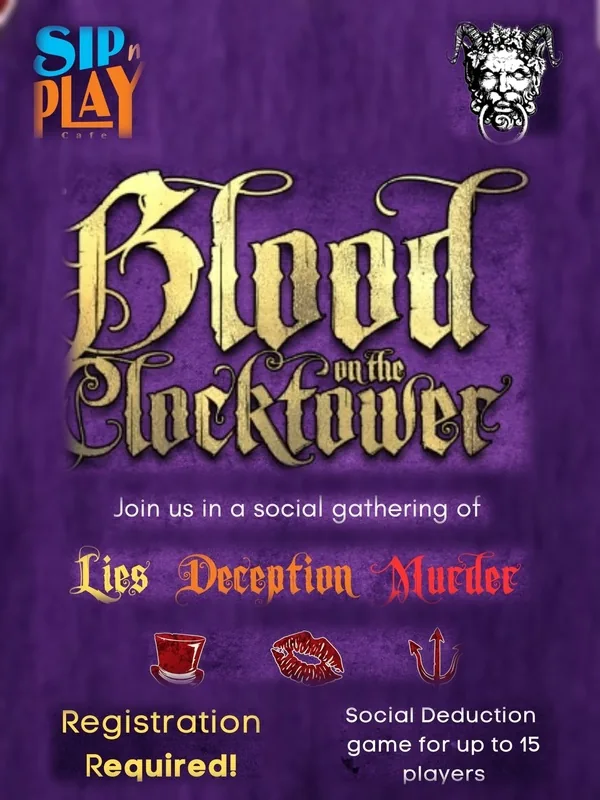 Sip N Play Blood on the Clocktower programme poster for the 1 November game.