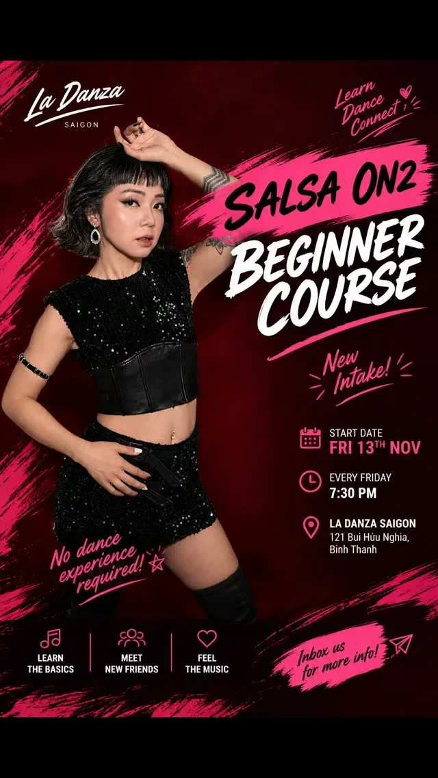 La Danza Salsa On2 Beginner Course poster with 13 November start date, Friday 7:30 PM time and Binh Thanh address.
