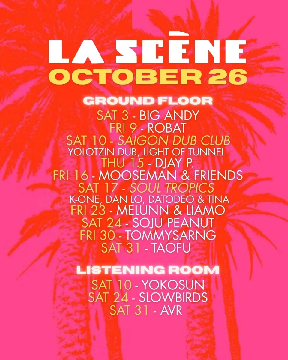 La Scène October 2026 programme poster listing ground-floor sets and Listening Room sessions on their separate dates